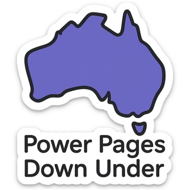 outlined icon of Australia map with very thin lines, text 'Power Pages Down Under' in simple clean typography, colors #403DAD, vibrant purple, #fff7ad, no overlays or extra icons sticker