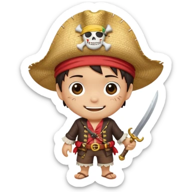 Cute chibi pirate boy inspired by Luffy, straw hat, small scar under eye, big smile, round emoji face, flat vector style, bold outline, bright colors, transparent background, 1:1 sticker