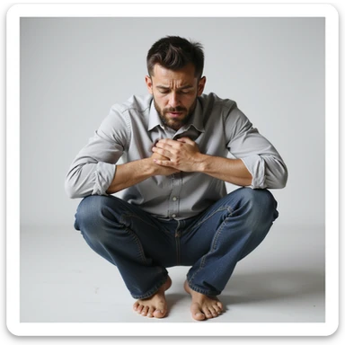 realistic 30-year-old man suffering anxiety, sitting with knees to chest, contracted body, closed eyes, neutral background sticker