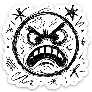 ugly rage emoji with distorted face and chaotic hand-drawn outline sticker