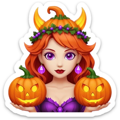 female-succubus-emoji,-red-skin,-purple-eyes,-elegant-face,-pumpkin-wreath-on-head,-with,-holding-small-glowing-pumpkin-lantern,-halloween-fantasy sticker