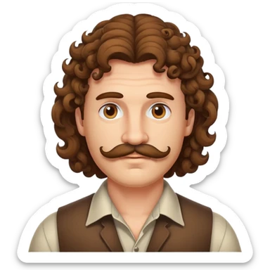 Curly brown mullet with a mustache sticker