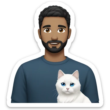 A guy with a black earing and black short hair and black beard and holding a all white Siberian cat with blue eyes  sticker