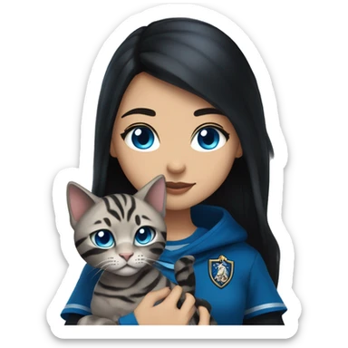 Girl with light skin, blue eyes, shoulder length straight black hair, wears a ravenclaw outfit, with a silver bengal cat holding in her arms sticker