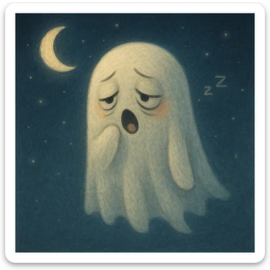 a sleepy ghost with droopy eyes, a small yawn, and a floating, soft, slightly transparent body, looking drowsy and gentle sticker