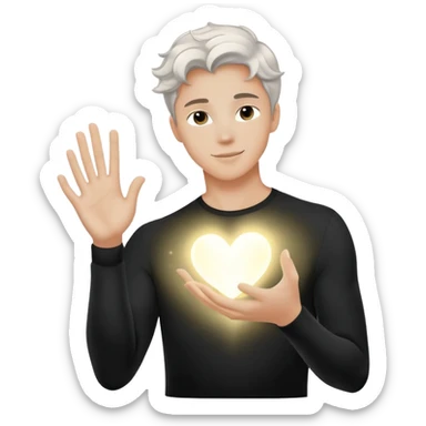 radiant youthful male silhouette with soft flowing light waves, glowing spark at heart, faint ripple of energy at fingertips, minimalist black or silver silhouette with gentle aurora-like glow sticker