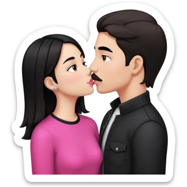 Brunette boy with short hair and black mustache wearing black clothes, kissing white girl with long black hair wearing pink clothes sticker