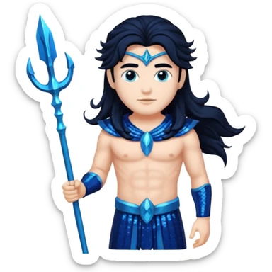 Neptune, God of Sea from Gods and Goddesses with long jet black hair, dark blue sequin outfit sticker