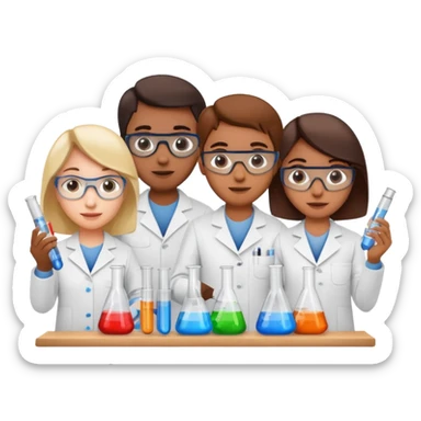 R&D team with blueprints and test tubes sticker