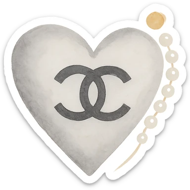 Chanel heart in watercolor art style, soft, black and white, with pearls and gold accents sticker
