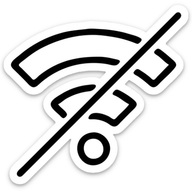 solid black outline icon of a Wi-Fi symbol with a red slash, incomplete bars, minimalist, white background sticker