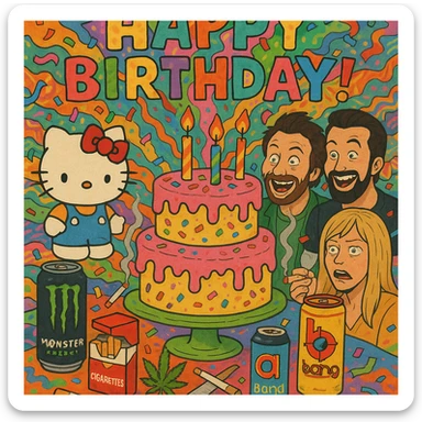 over-the-top birthday card with Hello Kitty, Sunny in Philadelphia characters, energy drinks, cigarettes, marijuana, giant cake, confetti, wild colors and patterns sticker