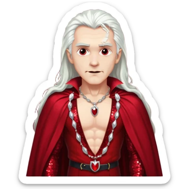 Dracula with long white hair, dark red sequin baggy pants, shirtless with necklace, dark red sequin cape sticker