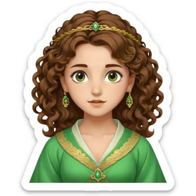 very beautiful italian girl, looking a bit like Emma Watson, with curly and big volume very bright brown hair, and a golden piercing ring in nose on left side, dressed in a beautiful sexy hanfu dress of green colors, nose ring sticker