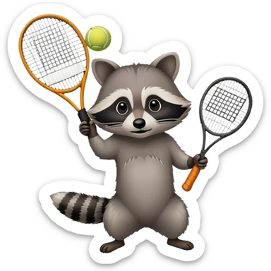 raccoon seen from below holding a tennis racket above sticker