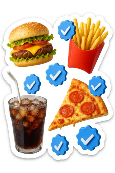 fast food realistico fluttua in aria insieme a spunte di verificato in 3d sticker