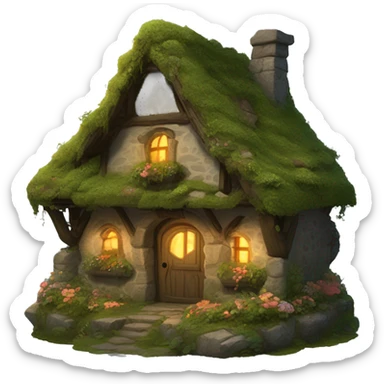 A cozy fantasy cottage made of stone and wood, covered in moss, vines, and flowers. The windows are aglow with firelight. sticker