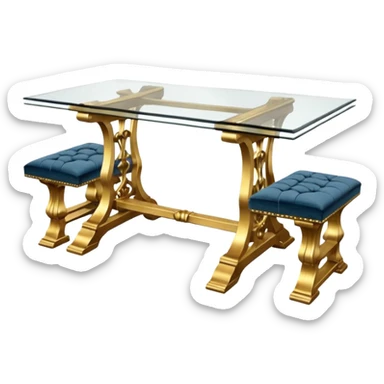 A glass topped rectangular trestle table with 2 side benches and 2 thrones at the ends sticker