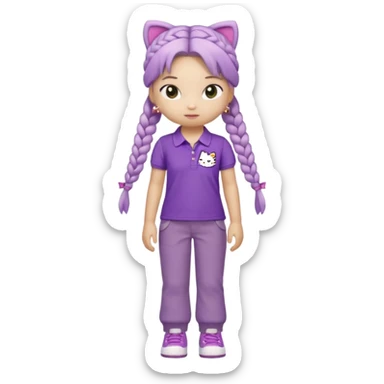 hello kitty wearing purple polo shirt and kyaki pants with long fishtail braids baddie with 2025 efect sticker