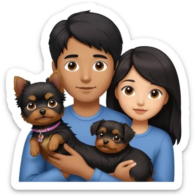 A couple holding holding a small Yorkshire Terrier together. The girl is an Asian girl with long, luscious wavy black hair (loose, no hair tie). She is standing beside a brown-skinned man with a short middle part haircut.  sticker