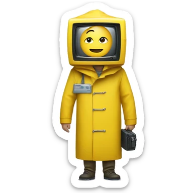 Man in yellow raincoat with a tv head sticker