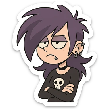 purple haired emo character, cartoon style, dramatic hair, piercings sticker