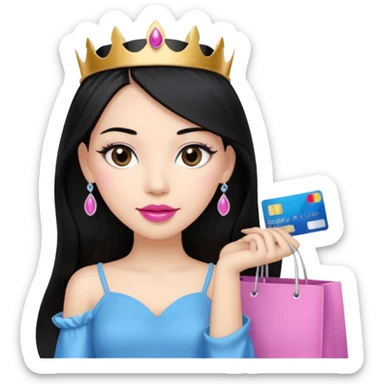 Girl with long black hair and tiara pink lipstick, brown eyes holding shopping bags and blue credit card sticker