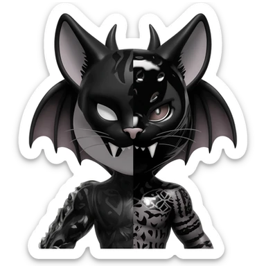 dark spooky badass cool shiny glossy smooth soft Black edgy Noivern-Noibat-Purloin-Torracat-Lykoi-Caracal-cat-Fakemon-fusion-hybrid-creature with bat wings on head as ears, big fangs, gothic markings sticker