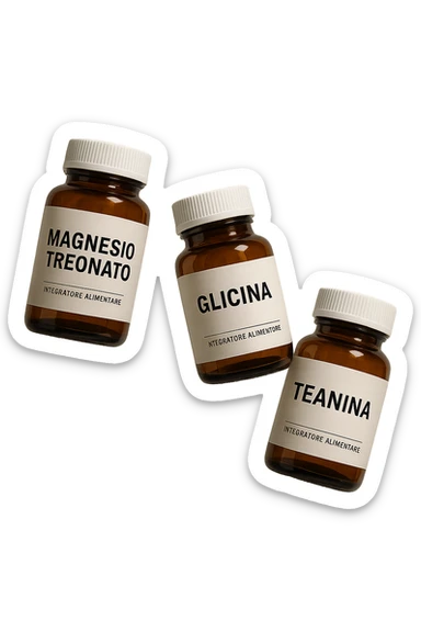 3 boccette di integratori: Magnesio Treonato, glicina, teanina in italiano, fluttuano in aria sticker