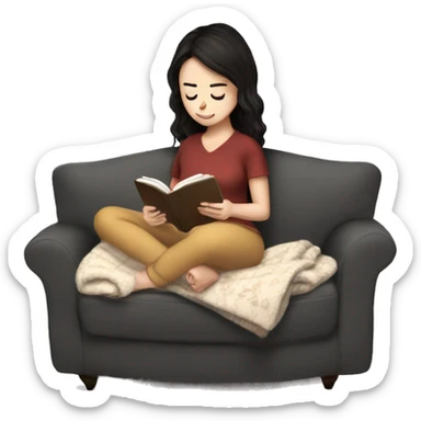 White girl dark hair reading a kindle on a couch with tea and blanket sticker
