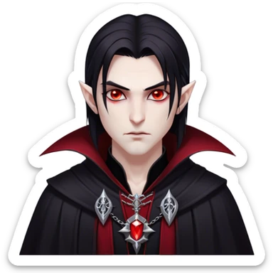 Cinematic Realistic WoW Vampire Mage Portrait, head tilted epicly and inquisitively, showcasing a commanding presence and ancient arcane mastery. His pallid skin and sleek dark hair are set against the intricately detailed black robe—with silver accents and mystical runes—that remains consistent in its shadowed elegance. His piercing crimson eyes blaze with forbidden power, rendered with dramatic, lifelike clarity and high shine, epic and awe-inspiring. sticker