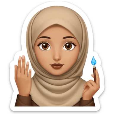 Turkish beautiful finish Konya blonde girl blue eyes with brown beige hijab islamic dress and had on her hand brown lipgloss sticker