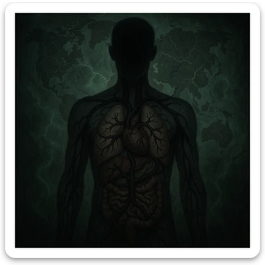 semi-realistic, medical-fantasy; human silhouette with dark worm-like forms spreading from abdomen to all organs, world map background, glowing cracks, green mist, moody and allegorical sticker