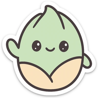 a pistachio character waving, kawaii style, round body, pastel palette, happy expression sticker