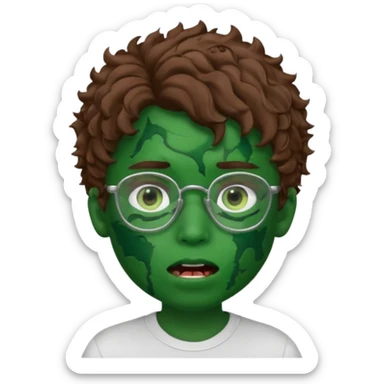 crie a imagem de um garoto com estilo memoji de iOS de pele esverdeada com machucados abertos na boca , cabelos cacheados castanhos e oculos. sticker