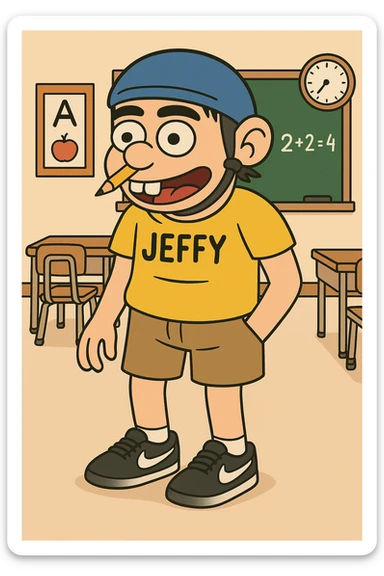 Add a playful classroom background with a chalkboard and desks, keeping the cartoon style consistent with flat toon style. sticker