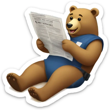 Bear lying on a beach, casually reading a newspaper, surrounded by sand and ocean, with a relaxed and cheerful vibe sticker