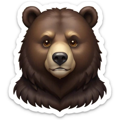 Cinematic Noble Bear Portrait Emoji, Poised and regal, with a large, imposing build and a thick, well-groomed rich dark brown fur, deep-set soulful eyes, Simplified yet sharp and sophisticated features, highly detailed, glowing with a soft, dignified glow, high shine, intelligent and formidable, stylized with an air of wild majesty, focused and attentive, soft glowing outline, capturing the essence of a watchful and commanding guardian, so majestic it feels as though it could lumber out of the screen with effortless authority! sticker