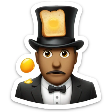 man with an egg in his mouth hes sweating and has a top hat an monocle with toast in his other hand  sticker