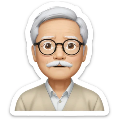_cinematic-realistic-portrait-of-hayao-miyazaki,-depicted-with--large-rectangular-glasses,-his-happy-expression-rendered-in-lifelike-detail,-illuminated-with-soft,-realistic-lighting-that-emphasizes-his-creative-genius, his eyes shut  and big bushy black eyebrows sticker