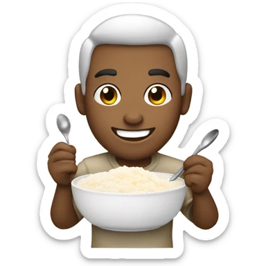 Man with smile eating rice pudding with spoon bowl white rice sticker