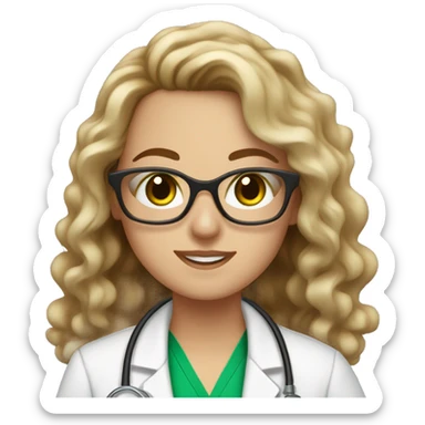 white girl with long brown to blonde balayage curly hair and green eyes with glasses in a lab coat sticker