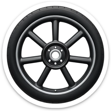 Front-view wheel, perfectly symmetrical, 6-8 short thick spokes, very wide heavy outer rubber rim, simple clean design, centered. sticker