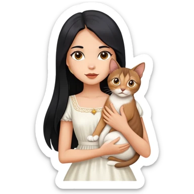 A beautiful girl with long black hair wearing a white dress holds an Abyssinian cat in her arms sticker