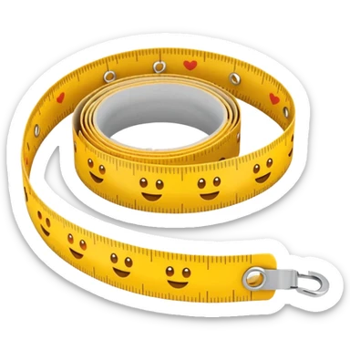 Cute emoji-style measuring tape roll, yellow color with orange highlights, soft edges, small eyes and smile for fun cartoon effect, simple emoji icon style. sticker