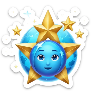 Uma esfera translúcida com reflexos roxos e azuis envolve uma estrela dourada brilhante no centro, criando um visual etéreo e futurista sticker