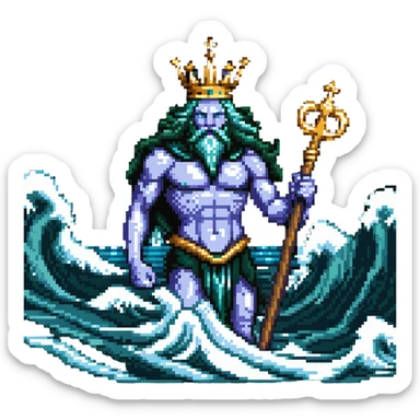 Neptune with trident emerging from ocean waves, sea god with crown sticker