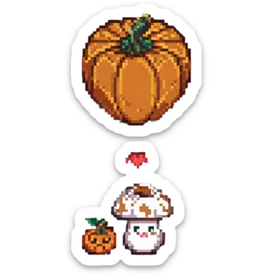 heart with a mushroom on one side and a pumpkin on the other, pixel art style sticker