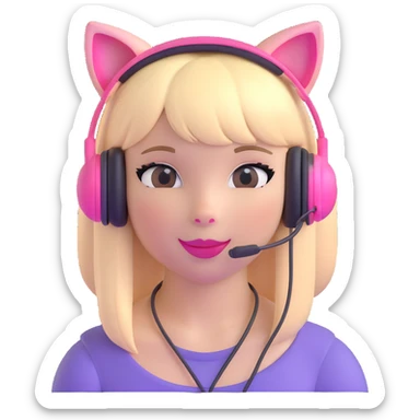 sassy blond girl with straight hair, short bangs, pink kitty-ear headset, pink lips, playful expression sticker