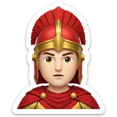 Emoji portrait of a Spartan warrior. Crested helmet, red cloak, determined expression. sticker